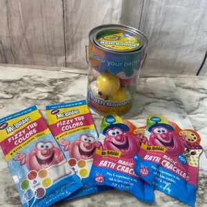 Crayola color your bath bucket bath bombs in can +Mr Bubble bath crackles & tabs